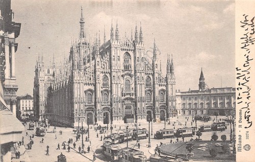 Cartolina Milano Piazza del Duomo animata tram 1908