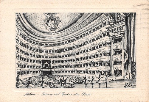 Cartolina Milano Teatro alla Scala interno illustrata 1953
