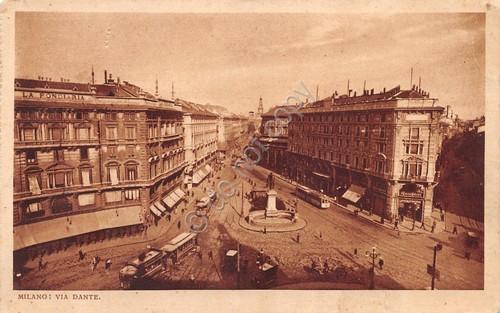Cartolina Milano Via Dante dall'alto tram animata