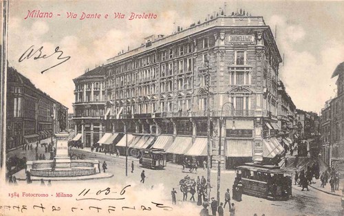 Cartolina Milano Via Dante Via Broletto animata tram 1906