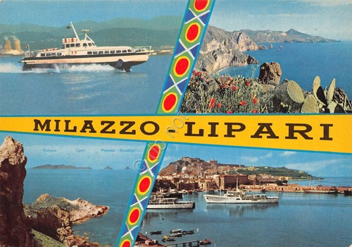 Cartolina Milazzo Lipari Aliscafo grafica vedute varie anni '70