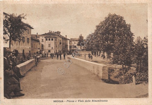 Cartolina Mioglia Piazza e Viale delle Rimembranza animata anni '30