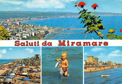 Cartolina Miramare di Rimini Vedute bambina Timbro Hotel Stockholm 1981