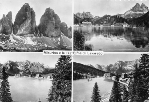 Cartolina Misurina e tre cime di Lavaredo vedute