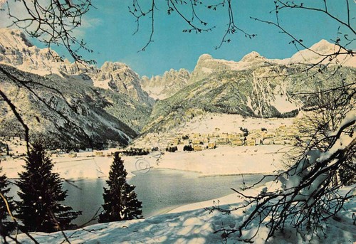 Cartolina Molveno Dolomiti di Brenta panorama paese e lago