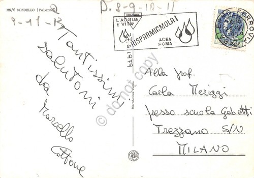 Cartolina Mondello vedute Timbro a targhetta L'acqua è vita ACEA …