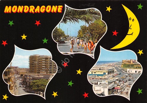Cartolina Mondragone vedute varie grafica cielo stellato anni '90