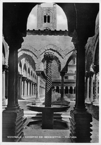 Cartolina Monreale Chiostro dei Benedettini fontana 1951 Timbro ERP