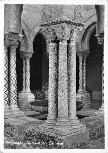 Cartolina Monreale Interno del Chiostro colonnato 1958 timbro al retro