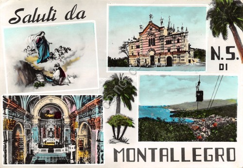 Cartolina Montallegro Santuario vedute 1964 Timbro Santuario (Genova)