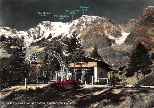 Cartolina Monte Rosa Stazione arrivo seggiovia animata colorata 1959