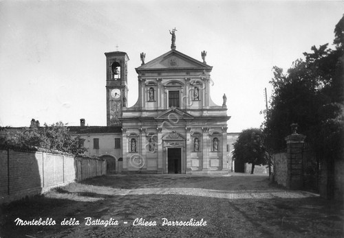 Cartolina Montebello della Battaglia Chiesa Parrocchiale 1958