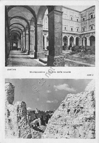 Cartolina Montecassino Cortile delle scuole com'era e com'è