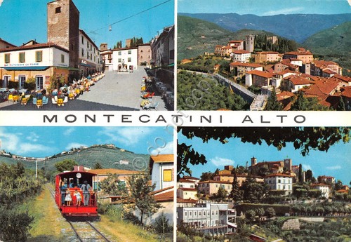 Cartolina Montecatini Alto Vedute treno timbro Hotel Biondi 1965 (Pistoia)