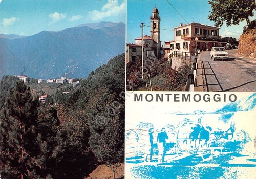 Cartolina Montemoggio vedute strada auto d'epoca panorama elicottero 1978