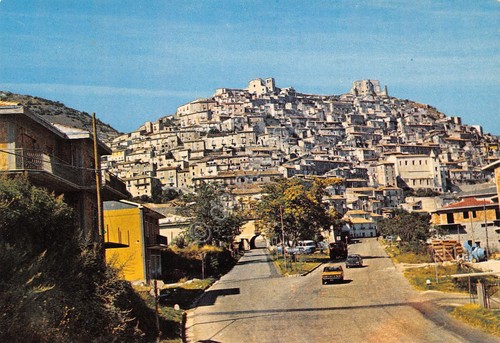 Cartolina Morano Calabro Panorama paese strada case anni '80