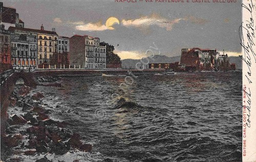 Cartolina Napoli Via Partenope Castel dell'Ovo 1906