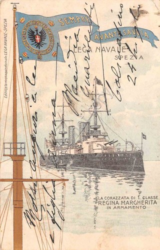 Cartolina Nave Corazzata Regina Margherita in armamento Sempre avanti Savoia