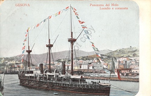 Cartolina Nave Lucedio e corazzata Panorama del Molo di Genova …