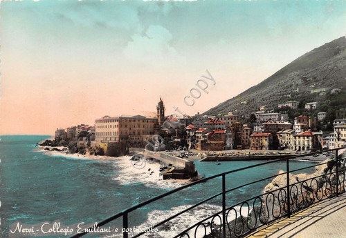 Cartolina Nervi Collegio Emiliani e porticciolo colorata