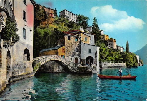 Cartolina Nesso Lago di Como panorama con barca 1970