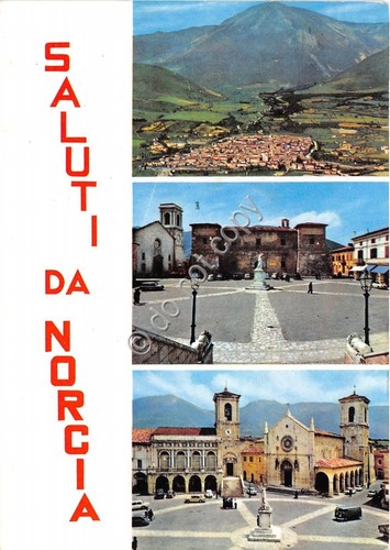 Cartolina Norcia saluti da vedutine (Altre tematiche)
