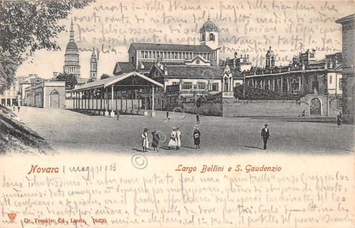 Cartolina Novara Largo Bellini San Gaudenzio animata 1903