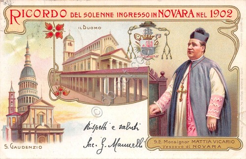 Cartolina Novara Monsignor Mattia Vicario Ingresso a Novara illustrata 1902