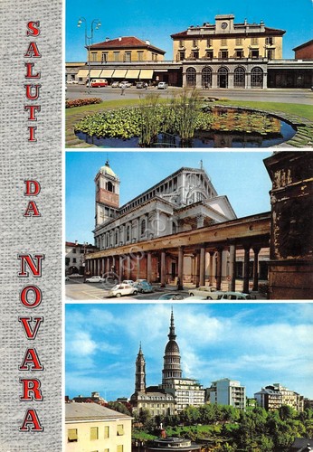 Cartolina Novara vedute stazione ferroviaria Piazza Repubblica panorama