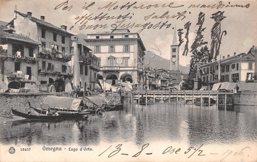 Cartolina Omegna il lago animata barche bucato steso 1906