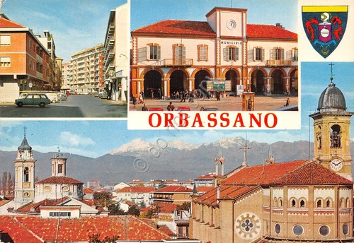 Cartolina Orbassano vedute varie città e stemma 1985 (Torino)