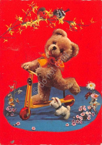 Cartolina orso di peluche su monopattino base velluto timbro salone …