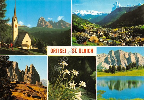 Cartolina Ortisei vedute varie paese 1986