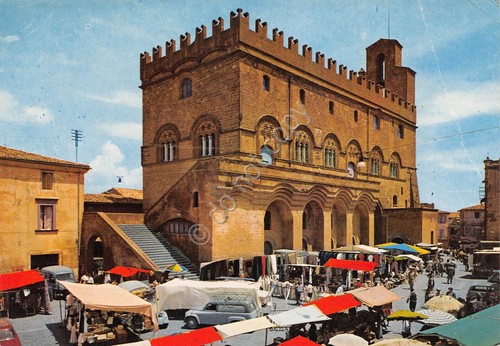 Cartolina Orvieto Palazzo del Capitano del Popolo mercato bancarelle animata