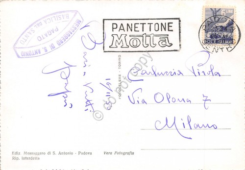 Cartolina Padova Basilica S. Antonio Timbro a targhetta Panettone Motta …