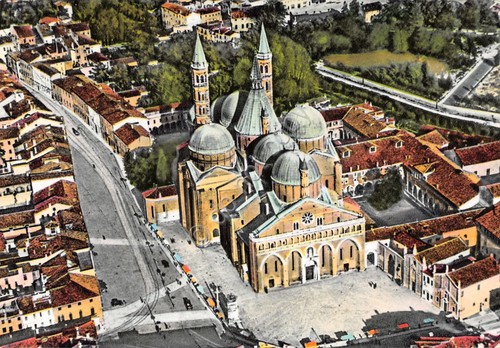Cartolina Padova panorama aereo Chiesa del santo colorata 1961