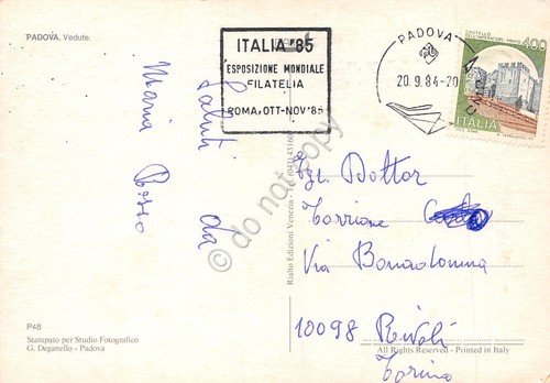 Cartolina Padova vedute Timbro quadrato Italia ''85 Filatelia 1984