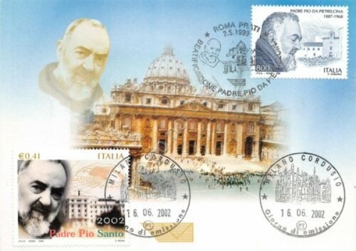 Cartolina Padre Pio Beatificazione timbro filatelico 2002