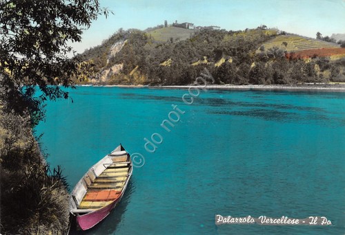 Cartolina Palazzolo Vercellese Fiume Po con barca colorata 1967