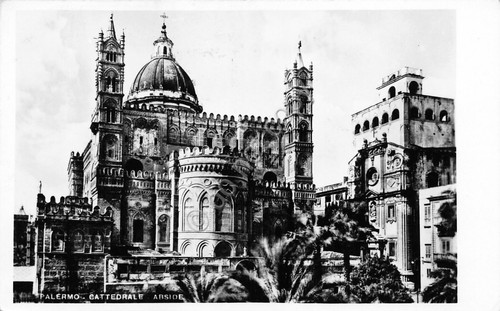 Cartolina Palermo Cattedrale timbro a targhetta Fiat 500 1957