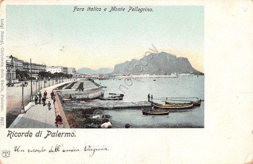 Cartolina Palermo Foro Italico e Monte Pellegrino animata 1900