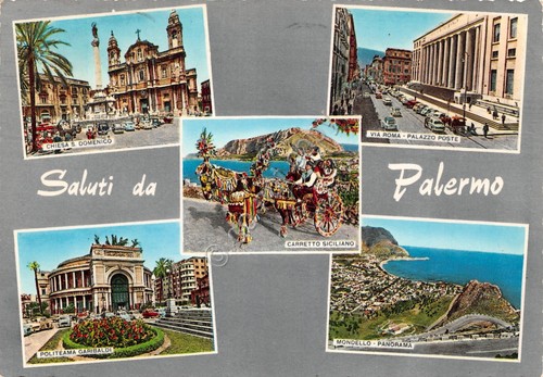 Cartolina Palermo vedute varie e carretto timbro PT anni '60