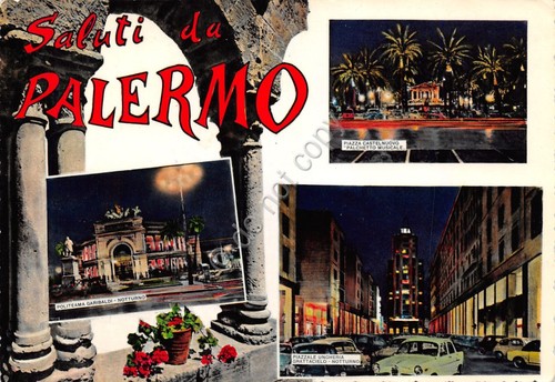 Cartolina Palermo vedute varie vie notturno