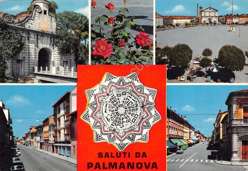Cartolina Palmanova 5 vedute paese e rose (Udine)