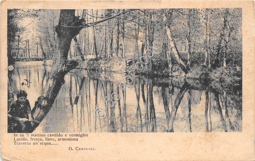 Cartolina Panorama di fiume ed alberi poesia Carducci animata 1914