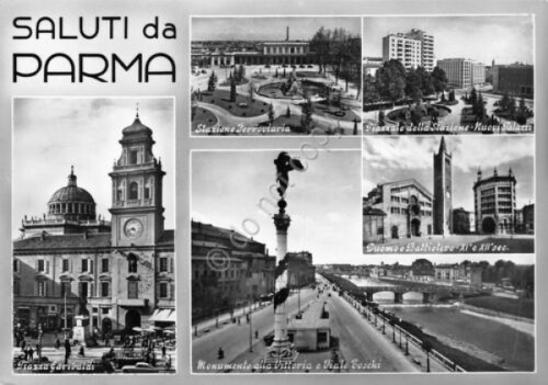 Cartolina Parma vedute timbro targhetta PT