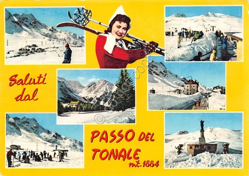 Cartolina Passo del Tonale grafica vedute varie timbro 1963