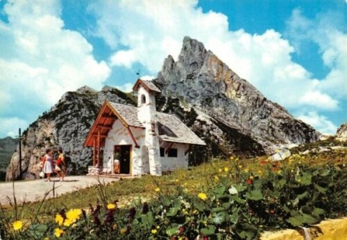 Cartolina Passo Falzarego La Chiesetta timbro Albergo Passo Falzarego animata
