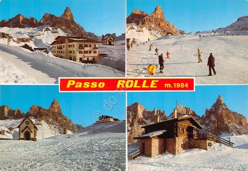 Cartolina Passo Rolle vedute sci sciatori Timbro Cimone (Trento)