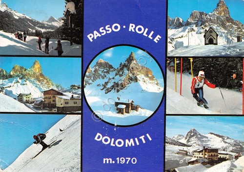 Cartolina Passo Rolle vedute varie sci sciatori Timbro Pensione Vezzana …